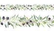 Olive branches seamless border, watercolor illustration. Elegant design for decorative projects - cooking, menu, recipes, cookbooks, greeting cards, invitations, and more