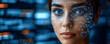 Futuristic woman looking at camera with binary code on her face