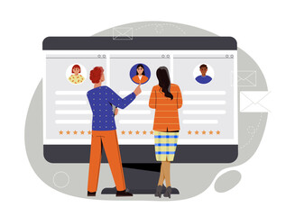 Poster - hr manager at workplace concept. man and woman evaluate candidates at vacancy. headhunting and recru