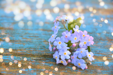 Wall Mural - Beautiful spring flower on wooden background with bokeh lights - festive mothers day and fathers day greeting card