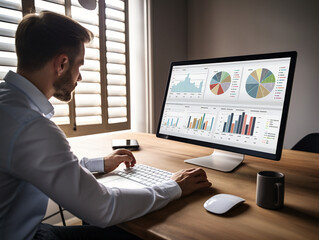 A person analyzing market data and conducting research, surrounded by books and charts.