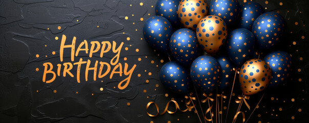 happy birthday greeting card with golden and blue balloons and stars on black background.