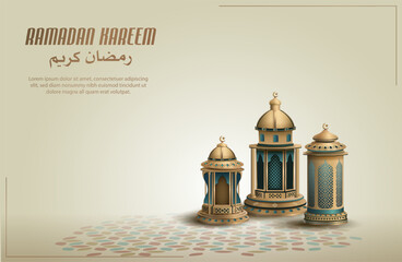 islamic greetings ramadan kareem card design with three gold lanterns