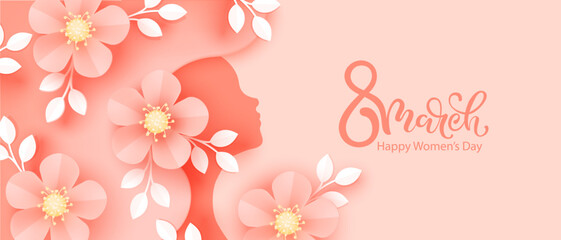 Wall Mural - 8 March. International Women's Day greeting card. Paper art beige, peachy flowers, leaves, woman silhouette.