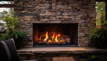 A Stone Fireplace With A Fire