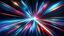 Dynamic Image Of Light Streaks Zooming Towards A Bright White Center, Creating A Sensation Of High-speed Movement In A Digital Abstract Art Style.Background Concept. AI Generated.