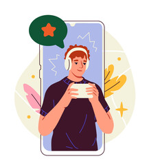 Wall Mural - person with smartphone doodle. man standing with mobile phone and headphones. young guy listen music