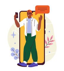 Wall Mural - person with smartphone doodle. man standing with mobile phone. young guy take selfie. graphic elemen