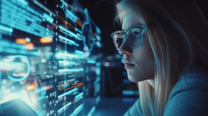 futuristic software and hardware , coding hologram, serious concentrated attractive woman thinking a
