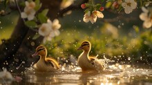 Two Ducklings Swimming In A Sunlit Pond, Surrounded By Blooming Flowers. Idyllic Spring Scene Captured Beautifully. Serene Wildlife Moment. AI