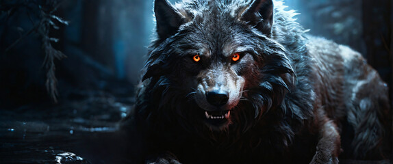 Wall Mural - a bewitching werewolf with an enchanting sheen becomes the focal point of a haunting long exposure photograph. The subject of this captivating image is a werewolf, portrayed as lustrous and radiant