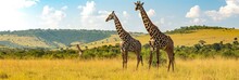 Giraffes Standing In Green Savanna: Mosaic Patterns And Distant Hills