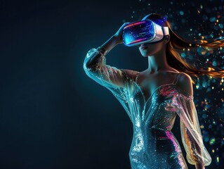 Wall Mural - Beautiful woman with flowing hair in futuristic dress over dark background. Girl in glasses of virtual reality. Augmented reality, game, future technology concept. VR.
