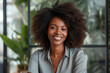 Employee of the Month wallpaper concept, Employee Appreciation Day portrait, Smiling woman close-up shot on minimalist interior background, Confident African woman with curly afro hair.