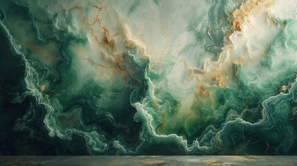 Wall Mural - A marble slab with an abstract painting in shades of green and brown, resembling a lush jungle. 