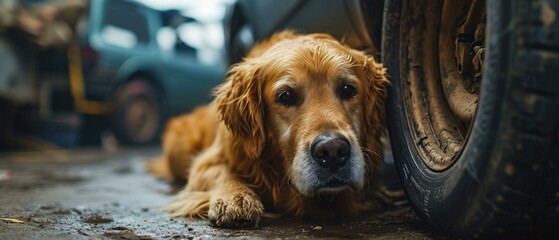 Wall Mural - A dog laying on the ground next to a car tire. Generative AI.