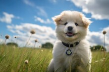 A Small White Puppy Sitting In A Field Of Grass. Generative AI.