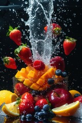  Vibrant fruits showcased with precise focus, heightened by water splashes.