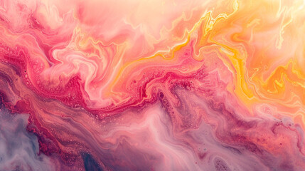 Wall Mural - A marble slab with an abstract painting in shades of pink and yellow, resembling a beautiful sunrise. 