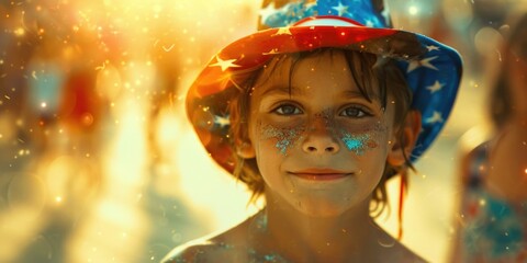 Poster - A young boy with a patriotic hat on. Generative AI.