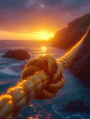 Poster - A rope tied to a rock at sunset. Generative AI.