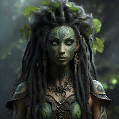 3D render of a fantasy woman with green skin and dreadlocks