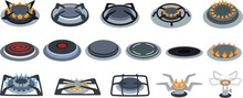 Stove burners. Electric and gas cooker, hob burner with fire flame heat and induction plate cartoon vector set