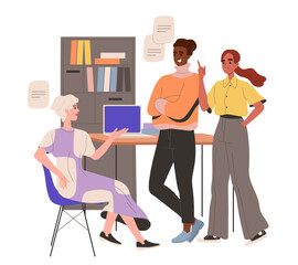 Poster - working in office in team concept. collaboration and cooperation. brainstorm and discussion. workers