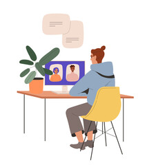 Poster - Working in office in team concept. Collaboration and cooperation. Brainstorm and discussion. Woman sitting with laptop. Cartoon flat vector illustration isolated on white background