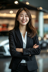 Asian female car salesperson smiling confidently in sports car showroom.