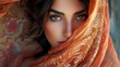 A stunning Persian woman draped in an exquisite silk scarf, her almond-shaped eyes framed by intricate kohl eyeliner, emanating an aura of timeless elegance and grace.