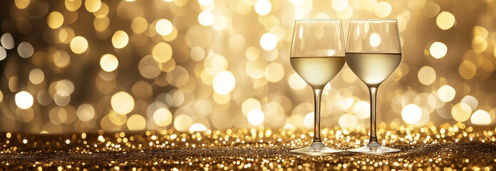 Set of two white wine glasses set on a background of sparkling gold flecks.