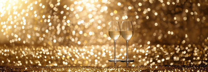 Set of two white wine glasses set on a background of sparkling gold flecks.