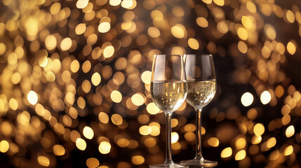 Set of two white wine glasses set on a background of sparkling gold flecks.