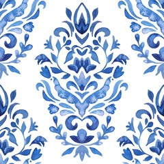 Watercolor blue damask hand drawn floral design. Seamless persian style filigree background. Damask paint tile pattern for fabric and ceramics