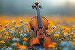 violin in a meadow with blooming flowers in springtime