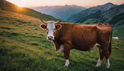 Wall Mural - A cow grazes on a meadow in the mountains
