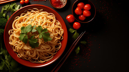 Wall Mural - Cold Chinese noodles with sesame sauce and herbs on dark background and red table