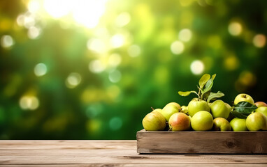 Wall Mural - Fresh apples arranged on a rustic wooden table in a garden