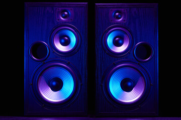 Sound speaker in neon light. Modern hi-fi loudspeaker against black background. Sound audio equipment with neon lights. Dynamic sub monitor close up. Creative backgroound