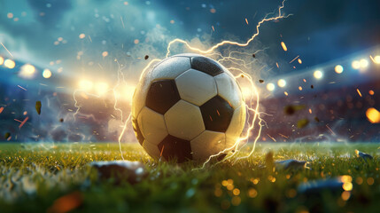 Wall Mural - Close-up of a classic soccer ball with surrounding lightning sparks on a lush grass field, depicting an intense sports atmosphere.