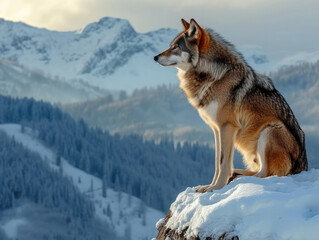 Wall Mural - majestic wolf at top of mountain