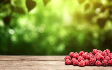 Wall Mural - Fresh raspberries arranged on a wooden table in a garden