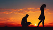 Marriage proposal rejection. Silhouette of female rejecting and breaking up with male at sunset