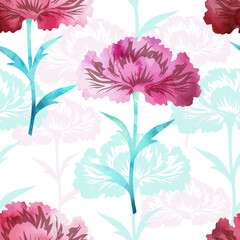 Carnation pink flowers watercolor seamless pattern. hand drawing. Not AI, Vector illustration