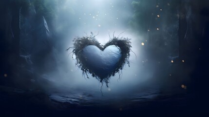 Wall Mural - A big blue heart on the background of a dark destroyed civilization. Heart as a symbol of affection and love.