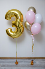 Wall Mural - golden number 3 and pink and white balloons