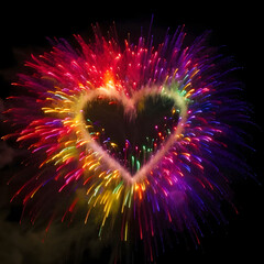 Poster - Colorful rainbow heart with bursts of colorful fireworks on a dark background. Heart as a symbol of affection and love.