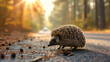 Wild Hedgehog crossing the highway, close-up. motor car in the background. Nature, industry, transportation, environmental damage, wildlife. Concept landscape