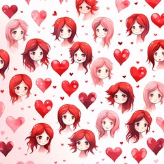 Wall Mural - Faces of girls and colorful red, pink hearts, white background. Heart as a symbol of affection and love.